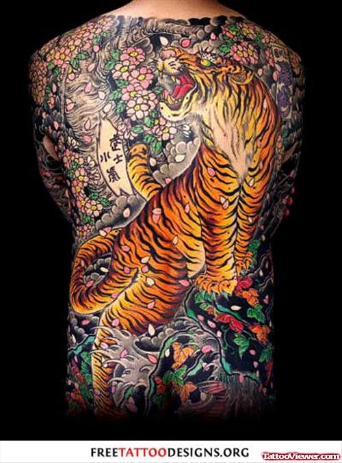 Colored Japanese Tiger Tattoo On Back Body
