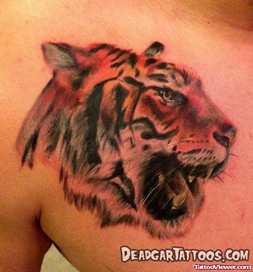 Color Ink Tiger Head Tattoo On Man Chest