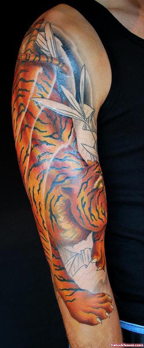Awesome Colored Tiger Tattoo On Right Sleeve