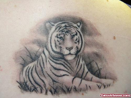 Unique Grey Ink Tiger Tattoo On Back