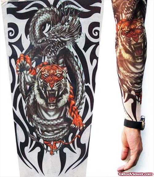 Black Ink Tribal And Tiger Tattoo Design