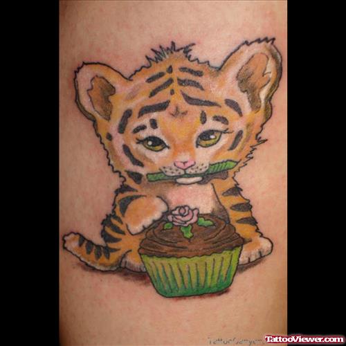 Baby Tiger With Cupcake Tattoo
