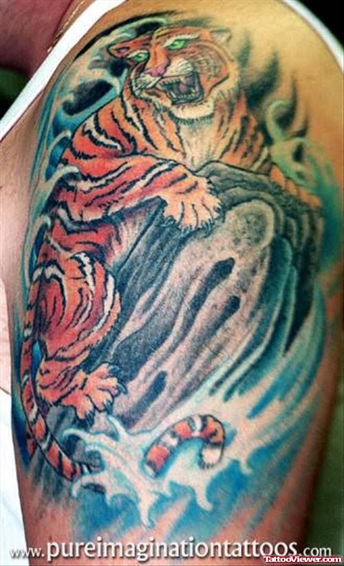 Tiger In Water Tattoo On Shoulder