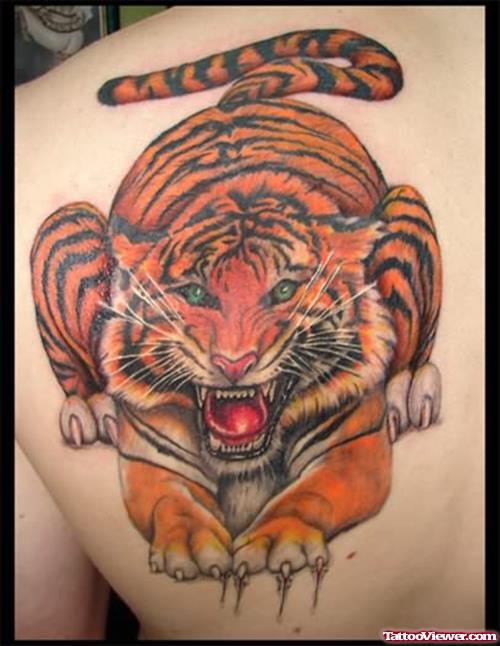 Brown Tiger Tattoo On Back Body
