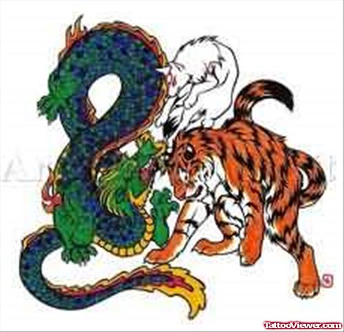 Wolf Dragon Tiger Color Tattoo Design