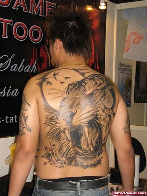 Black Ink Tiger Tattoo On Back