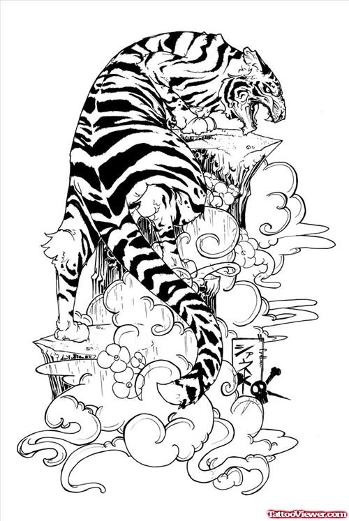 Flowers And Tiger Tattoo Design