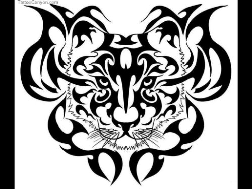 Black Ink Tribal And Tiger Head Tattoo Design
