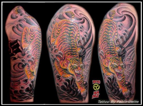 Chinese Tiger Tattoo On Half Sleeve