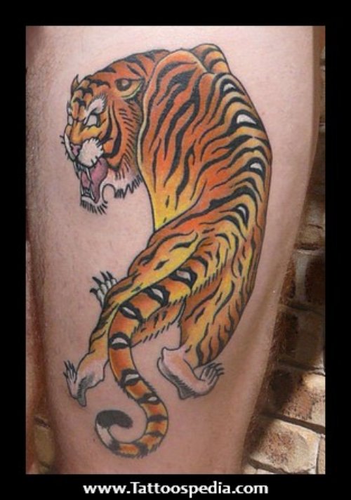 Attractive Colored Tiger Tattoo On Left Half Sleeve