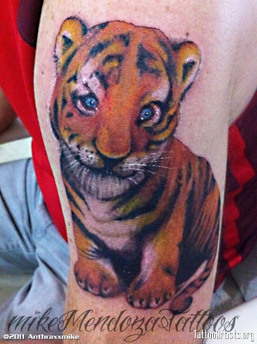 Color Ink Tiger Tattoo On Left Half Sleeve