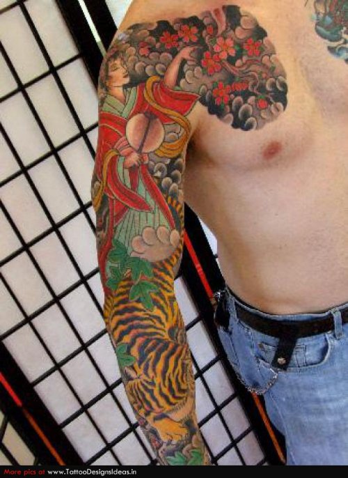 Awesome Color Ink Geisha and Tiger Tattoo On Sleeve
