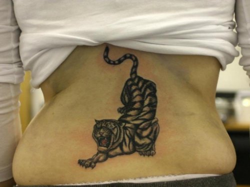 Grey Ink Tiger Tattoo On Lowerback For Women