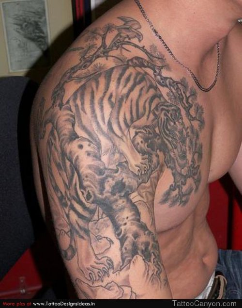 Attractive Grey Ink Tiger Tattoo On Man Right Half Sleeve