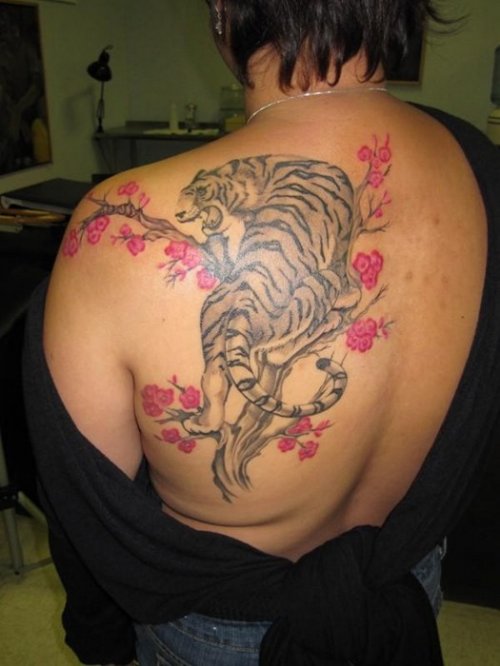 Color Flowers and Tiger Tattoo On Left Back Shoulder