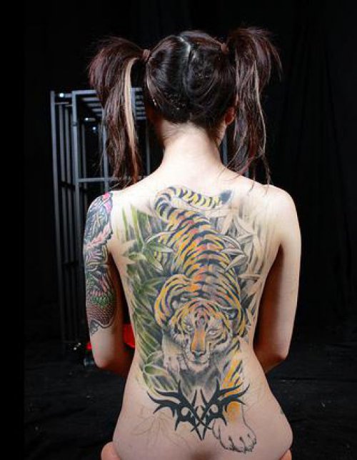 Amazing Color Tiger Tattoo On Back