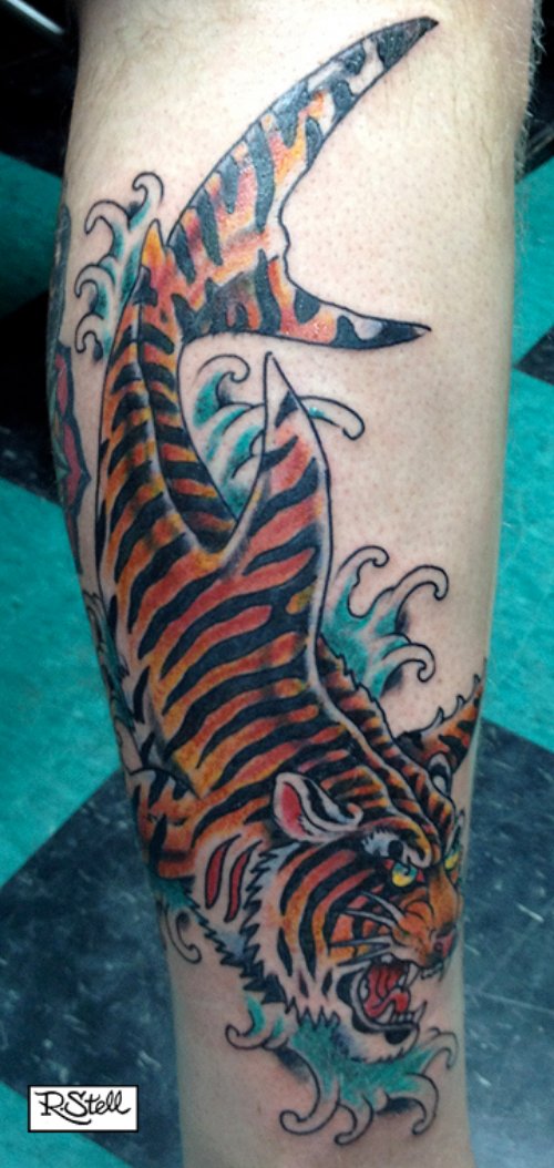 Colored Tiger Tattoo On Leg