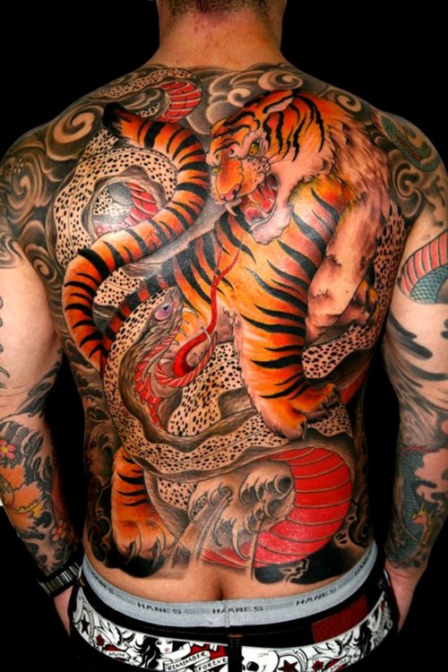 Colored Tiger Tattoos On Man Back Body