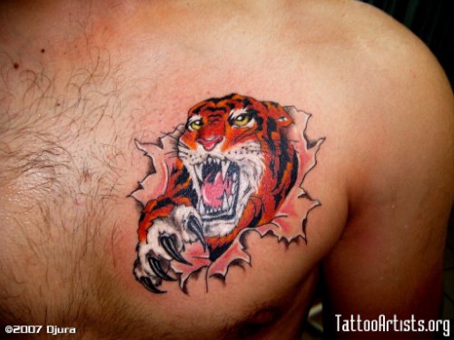 Awful Color Ink Tiger Head Tattoo On Chest