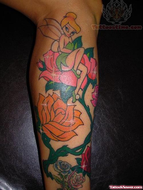 Tinkerbell Color Flowers Tattoo