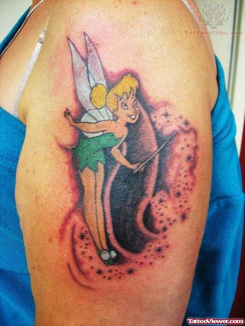 Tinkerbell Tattoo On Girl Bicep