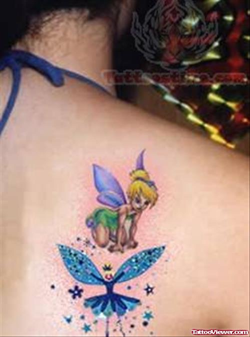 Tinkerbell Tattoo On Upper Back