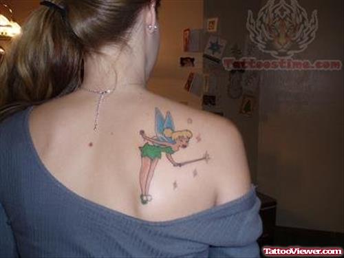 Tinkerbell Back Shoulder Tattoo For Girls