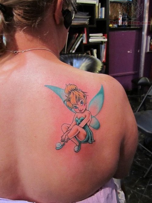 Colored Tinkerbell Tattoo On Back Shoulder