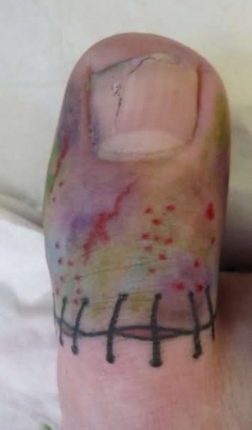 Stitches Tattoo On Toe