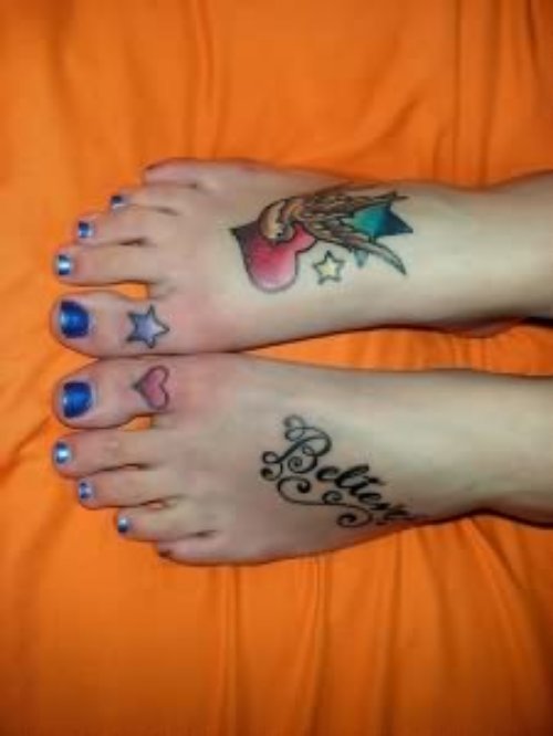 Heart And Star Tattoo On Toe