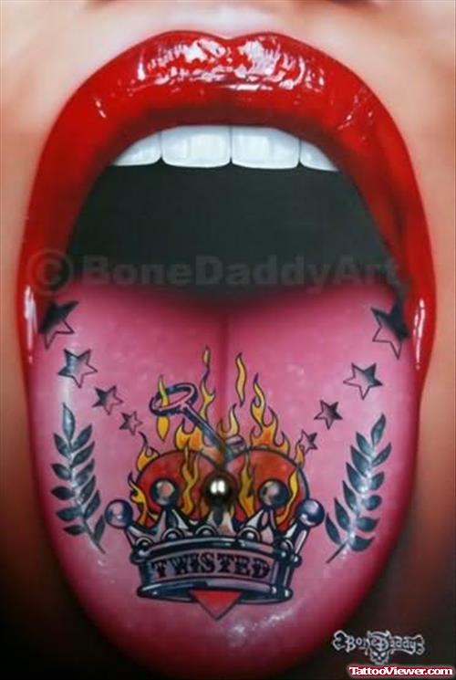 Heart & Crown Tattoo On Tongue