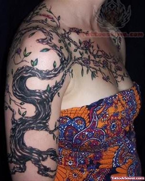 Tree Tattoo On Shoulder And Chest Tattoo