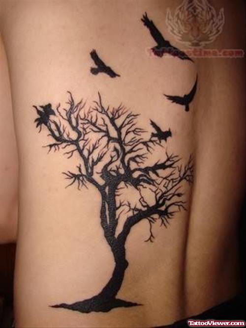 Tree And Birds Tattoo On Rib