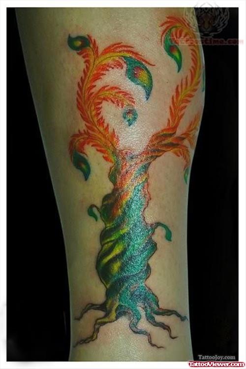 Color Ink Feather Tree Tattoo
