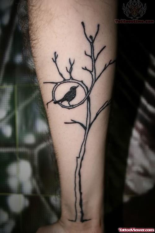Bird On Tree Tattoo On Leg