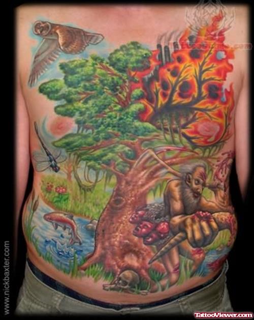 Colorful Burning Tree Tattoo
