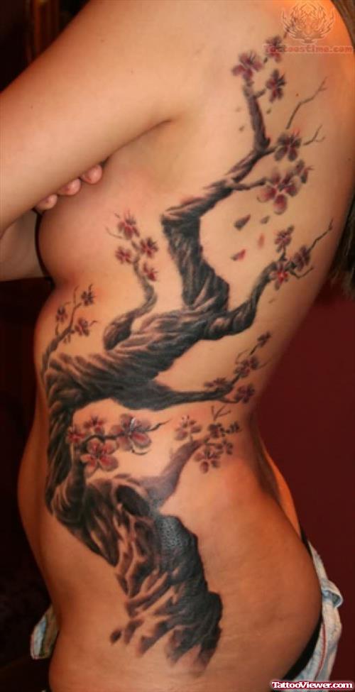 Flower Tree Tattoo On Ribs