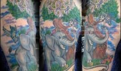 Colorful Tree And Elephant Tattoo