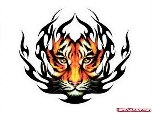 Tribal Tiger Head Color Ink Tattoo Design