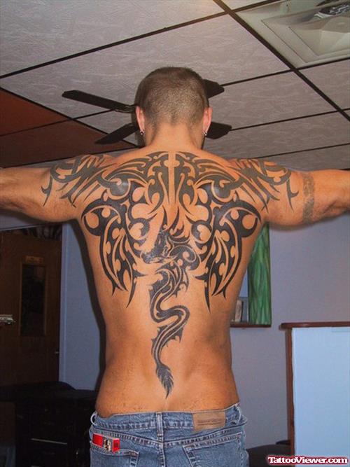 Black Ink Back Tribal Tattoos For Men