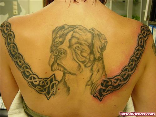 Tribal and Dog Head Tattoo On Upperback
