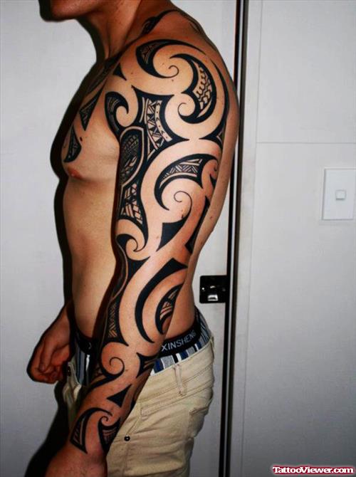 Hawaiian Tribal Tattoo On Left Sleeve For Men