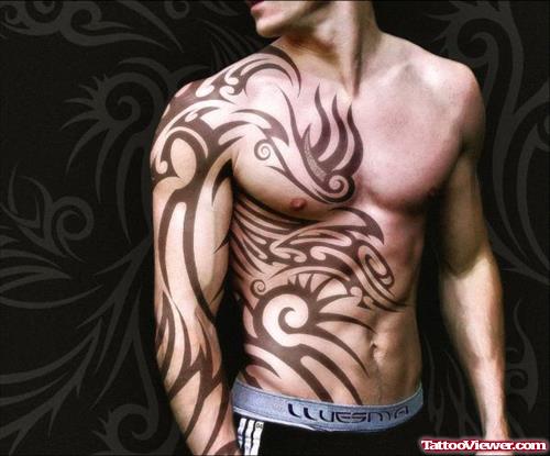 Right Sleeve And Chest Tribal Tattoo For Men