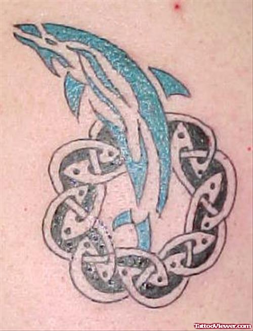 Celtic Circle And Tribal Dolphin Color Ink Tattoo