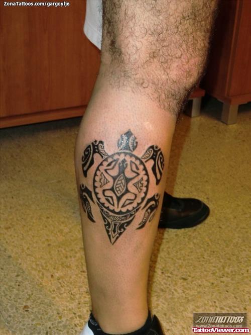 Tribal Turtle Tattoo On Right Leg
