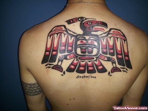 Tribal Red Ink Aztec Tattoo On Upperback