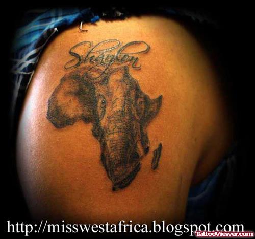 Tribal African Map Grey Ink Tattoo On Back Shoulder