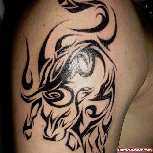 Black Ink Tribal Bull Tattoo On Right Half Sleeve