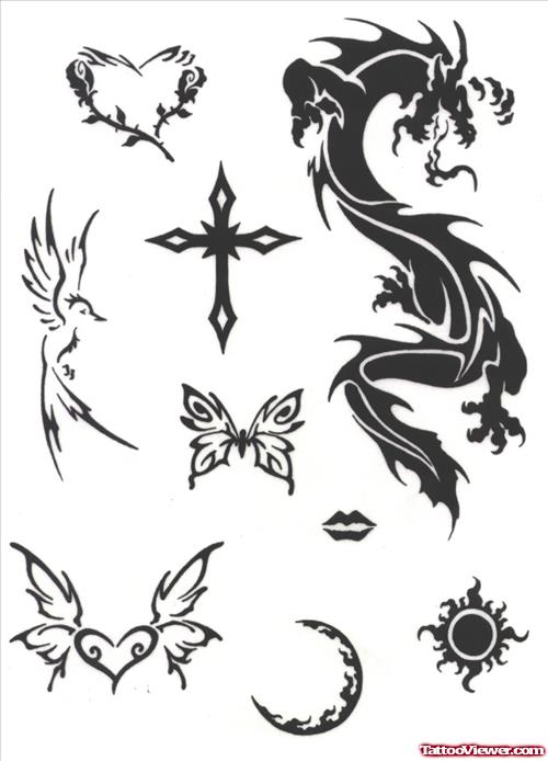 Tribal Dragon Cross And Butterfly Tattoos Designs