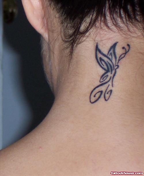 Tribal Butterfly Tattoo On Girl Back Neck